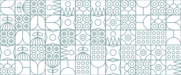 Green and white modern minimalist mid century neo geometric mosaic bauhaus style banner pattern abstract vector illustration with outline nature shapes - obrazy, fototapety, plakaty