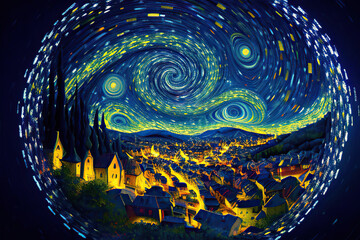 Starry night on the town with blue and yellow swirls in the sky above, fantasy scene, round frame, illustration in the style of impressionism, Generative AI