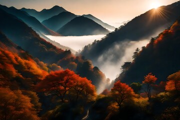 Misty morning scene of mountains