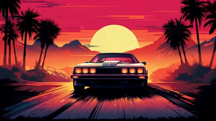 Retro car and sunrise scenery in the background