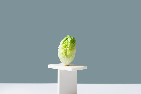 Coraz&oacute;n de lechuga romana fresca sobre un soporte blanco y fondo verde