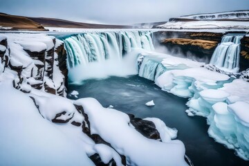 Waterfall view and winter. Landscape picture in the winter season