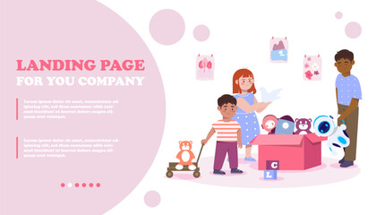 Kid play with toys concept. Landing page design. Children near pink box with rocket and teddy bear. Fun and l eisure together, entertainment in childroom. Cartoon flat vector illustration