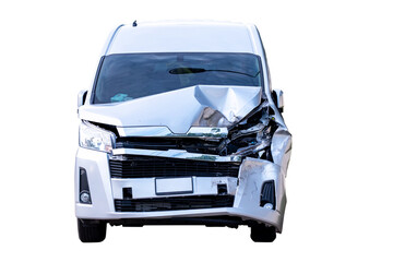 Front view of white van get damaged by accident on the road. damaged cars after collision. isolated...