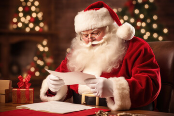 Obraz na płótnie Canvas Santa Claus, vestido con su traje rojo y barba blanca, sonríe al leer una carta.