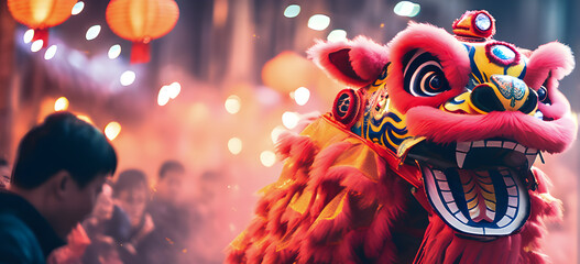 Dynamic Chinese lion dance performance, close-up, Generative Ai
