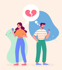 Loss of relationship concept. Man and woman with smartphones and broken heart. Family after divorce. Quarrel and conflict in couple. Loneliness and frustration. Cartoon flat vector illustration