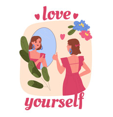 Love yourself concept. Woman look at reflection in mirror. Psychology and mental health. Self acceptance. Cartoon flat vector illustration isolated on white background