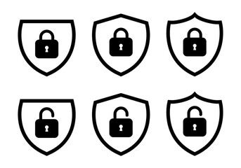 Lock and unlock shield icon set collection. Safeguard symbol vector