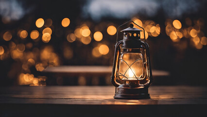 Fototapeta na wymiar a lit lantern sitting on top of a wooden table, a stock photo Menges, pixabay contest winner, neo-romanticism, flickering light, glowing lights, bokeh - 1