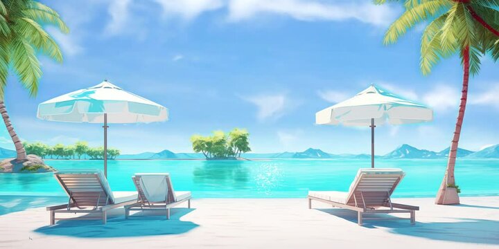 Luxurious beach resort with swimming pool and beach chairs or loungers umbrellas with palm trees and blue sky