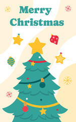 Merry Christmas poster. Winter holidays and New Year. Beige flyer and booklet. Christmas tree and decorative toys. Present and surprise. Social media post. Cartoon flat vector illustration