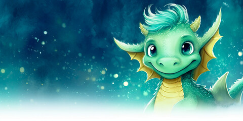 Winter season greeting banner, snowy landscape, empty banner background, green baby dragon