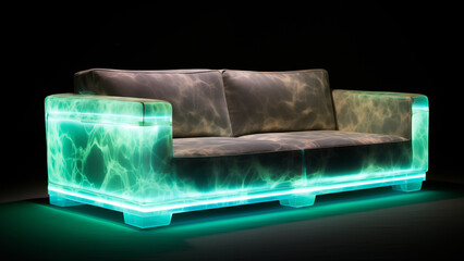 Modern style sofa glowing green on a dark background