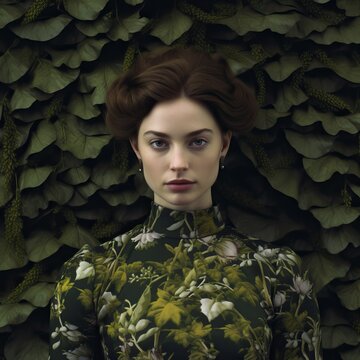 A beautiful woman wearing an elegant dress in front of large bushes, in the style of romina ressia, baroque-inspired details, klaus wittmann, marina abramovi close up, nature-inspired camouflage, nort