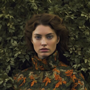 A beautiful woman wearing an elegant dress in front of large bushes, in the style of romina ressia, baroque-inspired details, klaus wittmann, marina abramovi close up, nature-inspired camouflage, nort