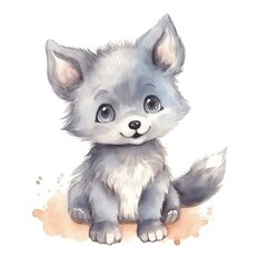 Watercolor sketch illustration of an adorable tiny kawaii baby wolf, children's book illustration, white background
