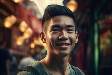 Asian young man portrait street photo. Style confident smile thai. Generate Ai - obrazy, fototapety, plakaty