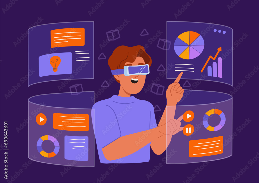 Poster man in ar glasses. young guy in artificial reality with statistics. infographics, charts and diagram
