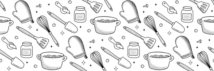 Kitchenware line Pattern. Food icons and elements. Bakery process Cookbook cute home menu. - obrazy, fototapety, plakaty