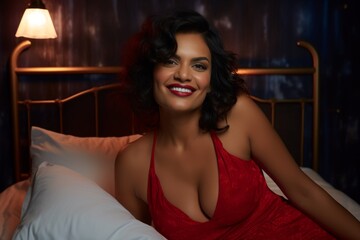 Latina woman with big smile laying on a bed in sexy red nightgown 