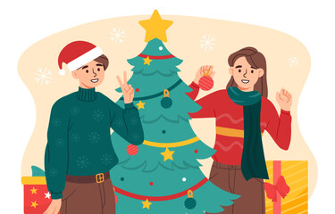 People decorate Christmas tree. Man and woman with garlands and toys. Winter holidays and New Year. Noel Eve preparation. Cartoon flat vector illustration isolated on white background