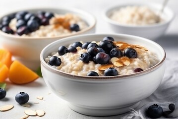 Bowl rice porridge pumpkin with berry. Gourmet cooking milk diet. Generate Ai - obrazy, fototapety, plakaty