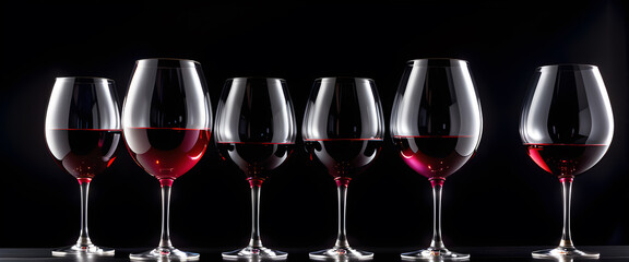 Red wine in six transparent wine glasses, black background, Generative Ai
