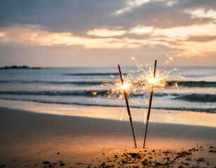Sparklers at the beach for New Year or party with copy space