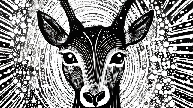 deer portrait hidden within completed abstract background, linocut illustration, black ink on white background, simple bold retro design, woodblock printing style, white background