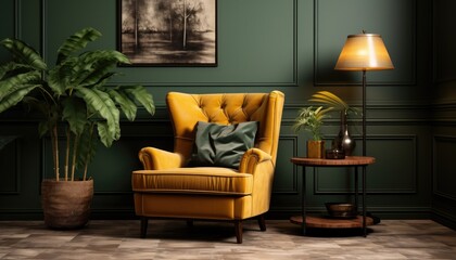 Stylish bright yellow modern armchair in a dark wall room, classic interior, copy space, interior