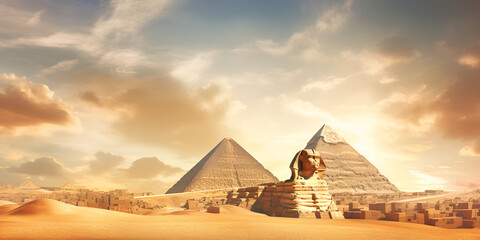 Photo of the majestic Pyramids of Giza rising from the desert landscape,  General view of pyramids,...