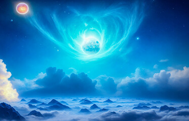 Holding dwarf fading star space nebula heaven clouds