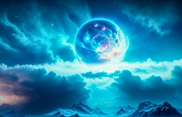 Holding dwarf fading star space nebula heaven clouds