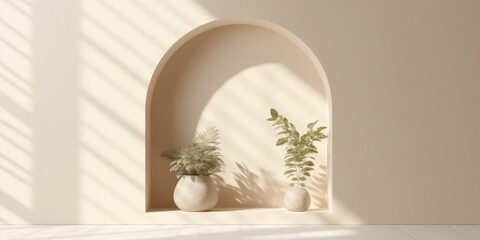Modern summer minimal interior in sunlight with long shadows on beige wall background, empty scene
