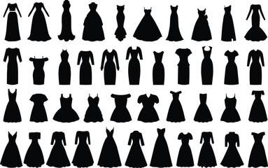 Set of evening and cocktail dresses . Collection woman clothing. Silhouette apparel. Vector illustration