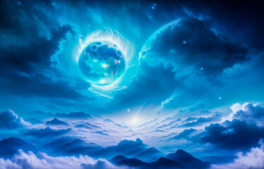 Holding dwarf fading star space nebula heaven clouds
