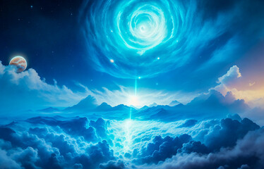 Fototapeta na wymiar Holding dwarf fading star space nebula heaven clouds