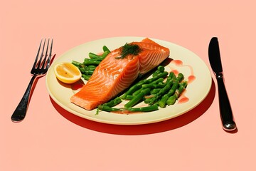 salmon on a plate with green beans and lemon