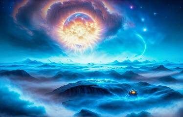 Holding dwarf fading star space nebula heaven clouds