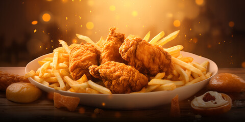 close up photography of plate mouth watering chickens fingers and French fries ,grilled chicken...