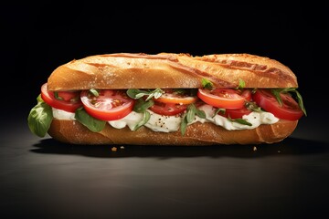 a large sub with tomatoes, basil, and basil on a dark background