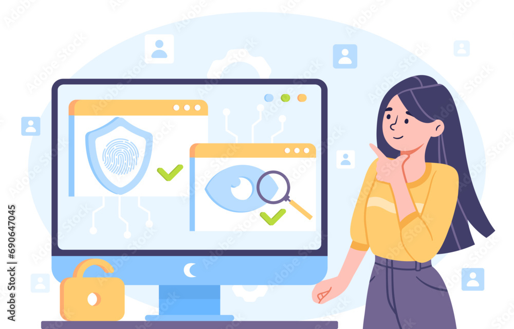 Aufkleber security system at computer concept. woman with protection of personal information and data. antivru