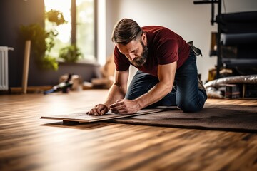 DIY Home Improvement. A Homeowner Installing New Flooring in a Living Room  - obrazy, fototapety, plakaty