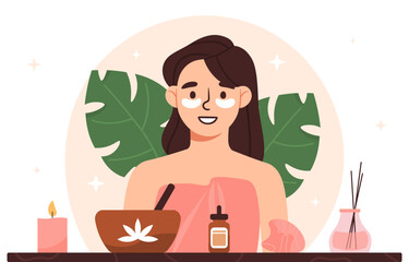 Skin care procedure. Woman with creams and lotions. SPA treatment. Beauty, aesthetics and elegance. Young girl with face mask. Cartoon flat vector illustration isolated on white background