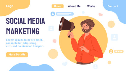Social media marketing poster. Man with loudspeaker. Discounts and sales. Advertising and promotion on internet. SMM and SEO specialist. Landing page design. Cartoon flat vector illustration