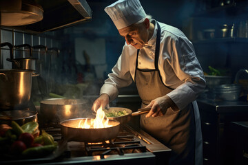 foto de stock de jefes de cocina cocinando o mostrando comida gourmet vestidos de uniforme con sombrero