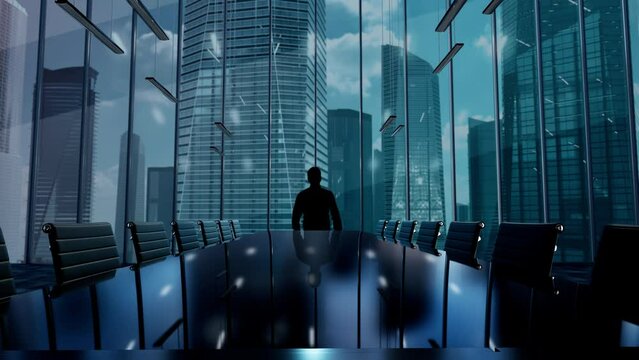 Predictive marketing. Businessman Working in Office among Skyscrapers. Hologram Concept