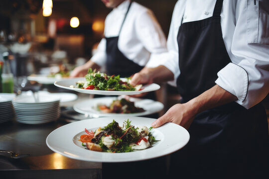 foto de stock de jefes de cocina cocinando o mostrando comida gourmet vestidos de uniforme con sombrero