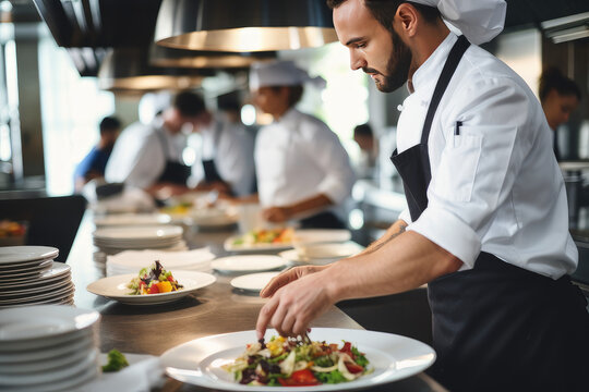 foto de stock de jefes de cocina cocinando o mostrando comida gourmet vestidos de uniforme con sombrero